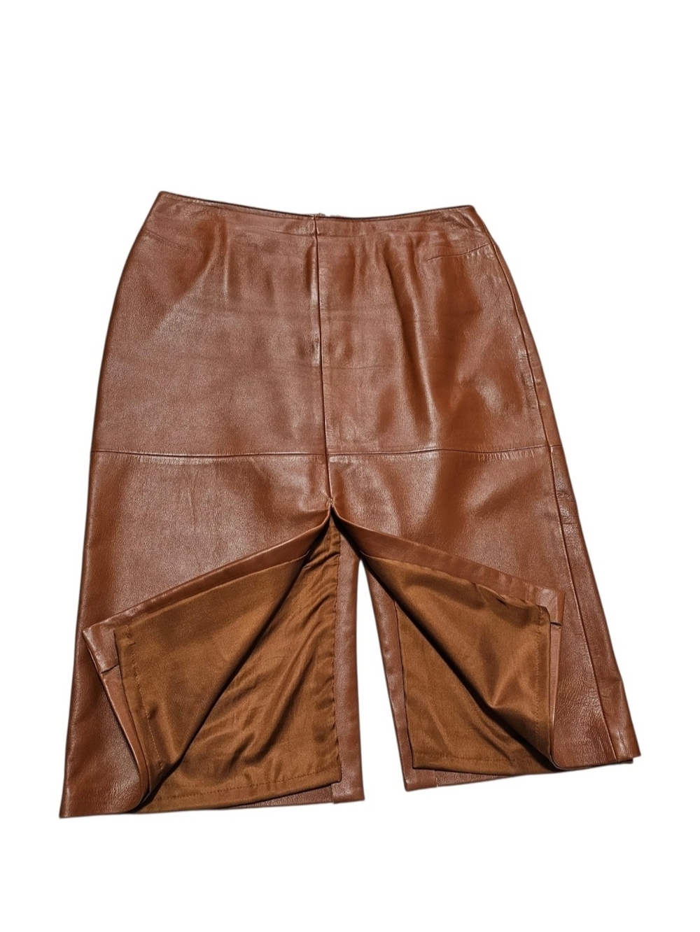 Vintage CACHÉ Leather Midi Skirt Brown Front Back Slit Y2K Size 8 Quiet Luxury